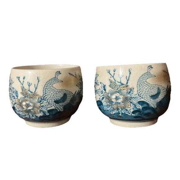 Kutani Other - 2 Vintage Kutani Japanese Tea cups peacock gold Teal Blues 3x3 Asian Art ceramic